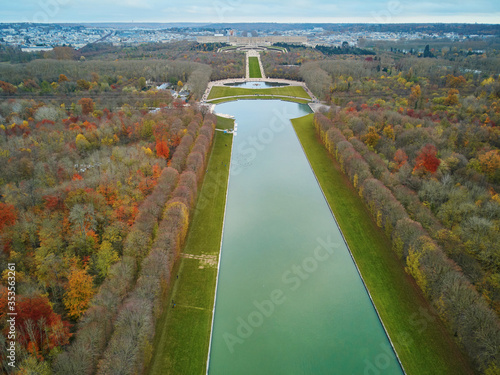 Photography Aerial view of Grand Canal in the Gardens of Versailles near Paris, France