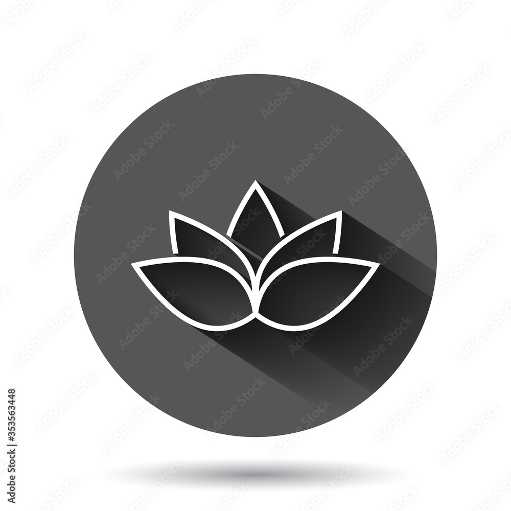 Lotus icon in flat style. Flower leaf vector illustration on black round background with long shadow effect. Blossom plant circle button business concept.
