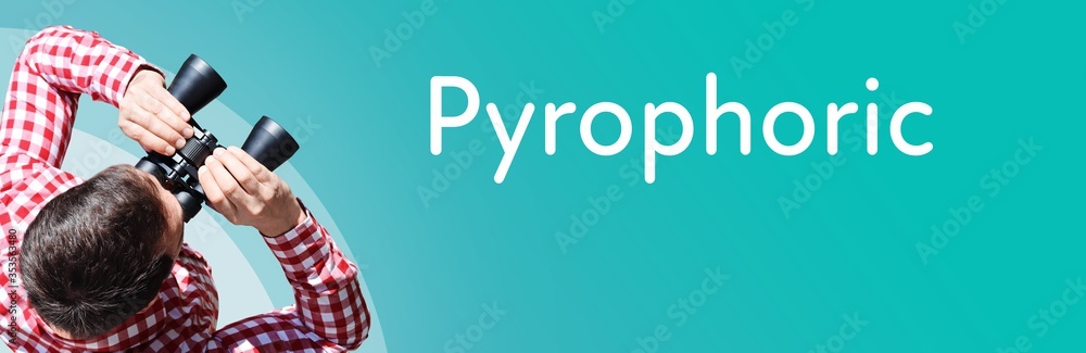 Naklejka premium Pyrophoric. Businessman (man) looks through binoculars. Birds eye view. Focus on text. Blue Background. Business, Finance, Statistics, Analysis, Economy