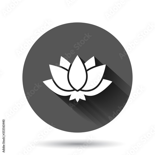 Lotus icon in flat style. Flower leaf vector illustration on black round background with long shadow effect. Blossom plant circle button business concept.