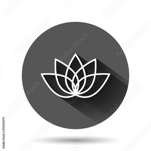 Lotus icon in flat style. Flower leaf vector illustration on black round background with long shadow effect. Blossom plant circle button business concept.