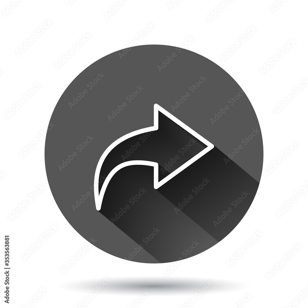 Share button icon in flat style. Arrow sign vector illustration on black round background with long shadow effect. Send file circle button business concept. Share button icon in flat style. Arrow sign vector illustration on black round background with long shadow effect. Send file circle button business concept.
