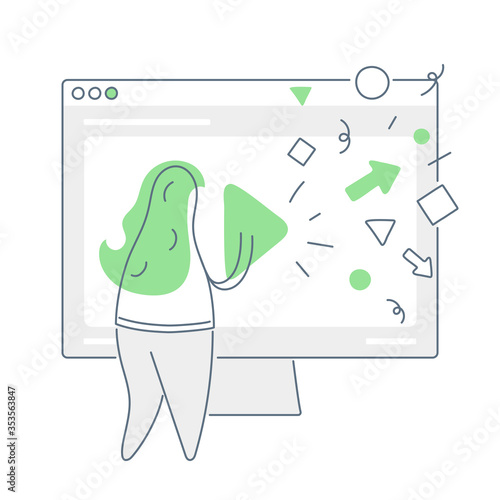 Computer animation designer at work, motion graphic design, video content creation. Flat thin line vector illustration on white background.