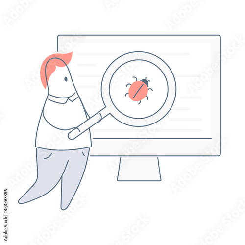 Code and bug review, debugging, website testing, vulnerability identification and fixing. Cute cartoon guy holding the magnification glass over a bug on a computer screen. Flat outline vector icon