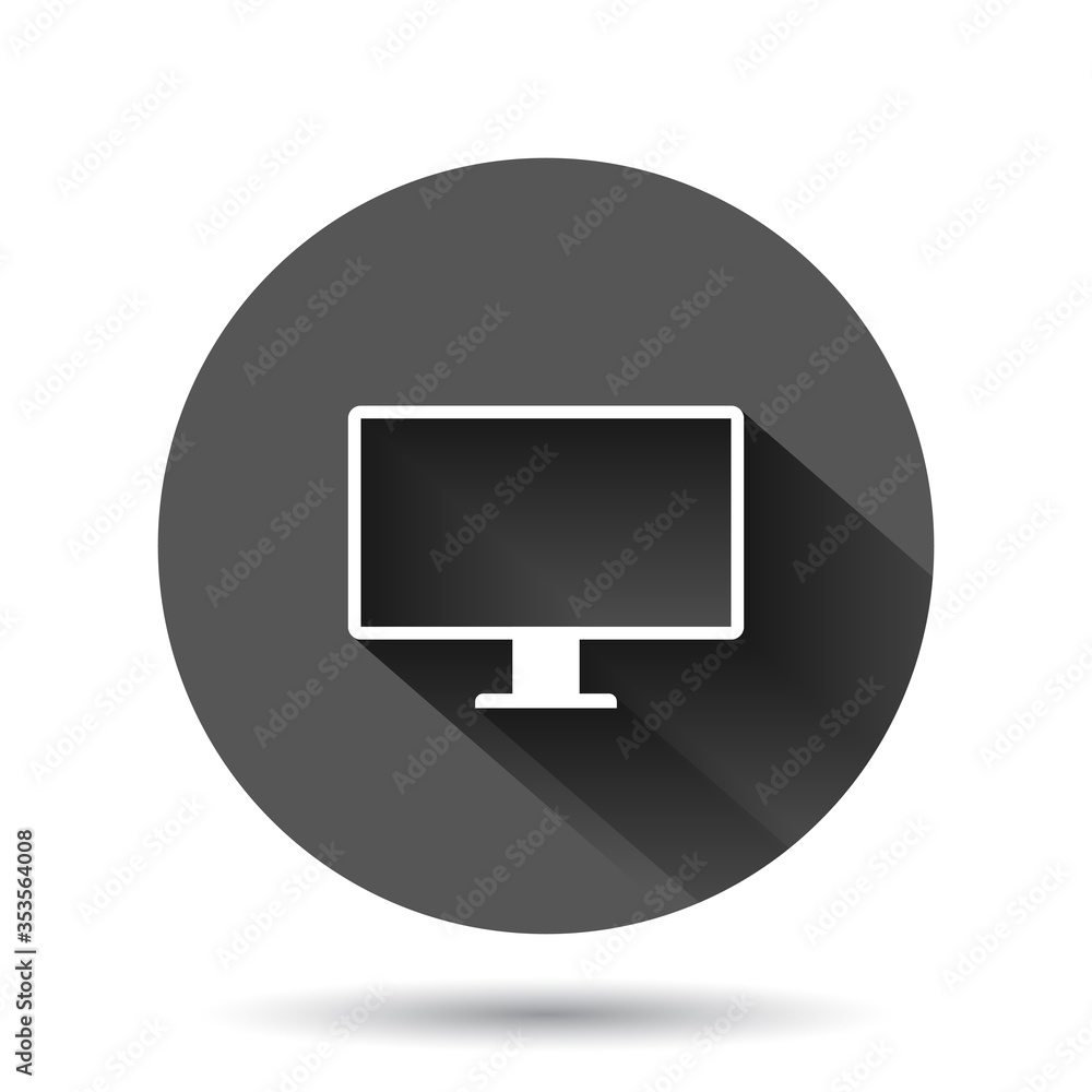 Monitor icon in flat style. Television sign vector illustration on black round background with long shadow effect. Display circle button business concept. Monitor icon in flat style. Television sign vector illustration on black round background with long shadow effect. Display circle button business concept.