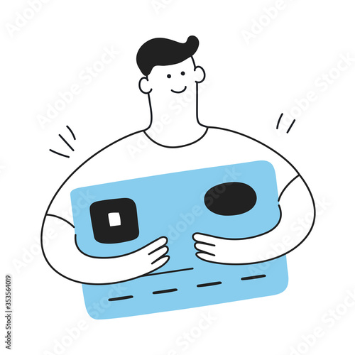 Credit bank card in the hands of a satisfied man. Banking, electronic money, cashless payment, financial opportunity, credit score concept. Flat line clean cartoon vector illustration style. 