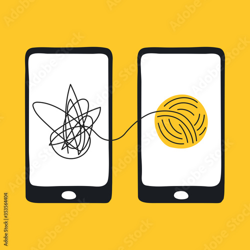 Psychotherapy, online psychiatrist consulting patient via smartphone, help of psychologist, business consulting, mental disorder treatment. Flat line vector illustration.