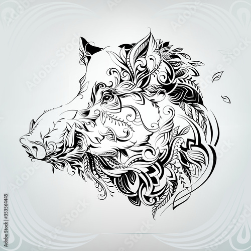 Wild boar head in floral ornament