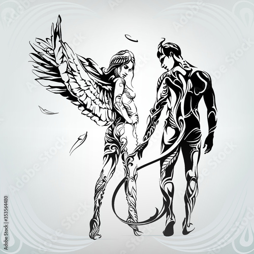 Angel and demon in a floral ornament