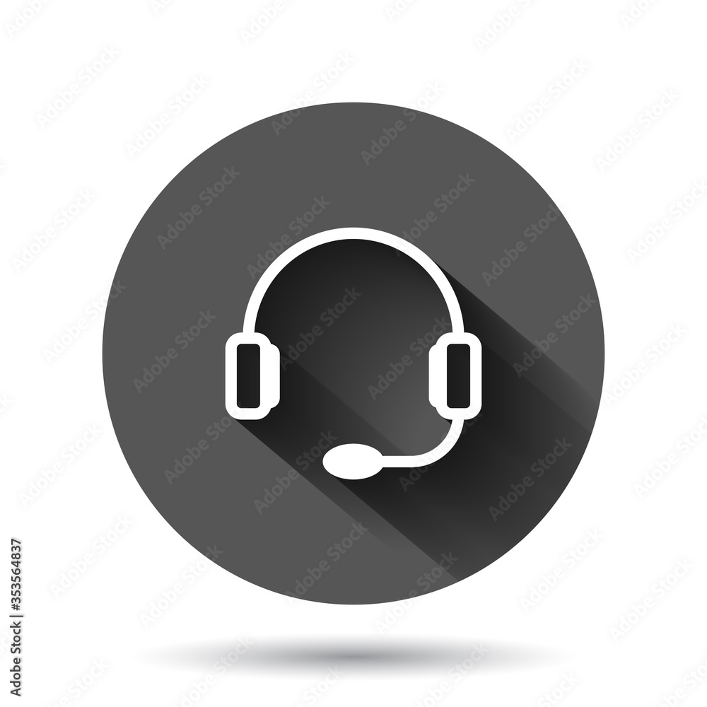 Helpdesk icon in flat style. Headphone vector illustration on black round background with long shadow effect. Chat operator circle button business concept. Helpdesk icon in flat style. Headphone vector illustration on black round background with long shadow effect. Chat operator circle button business concept.
