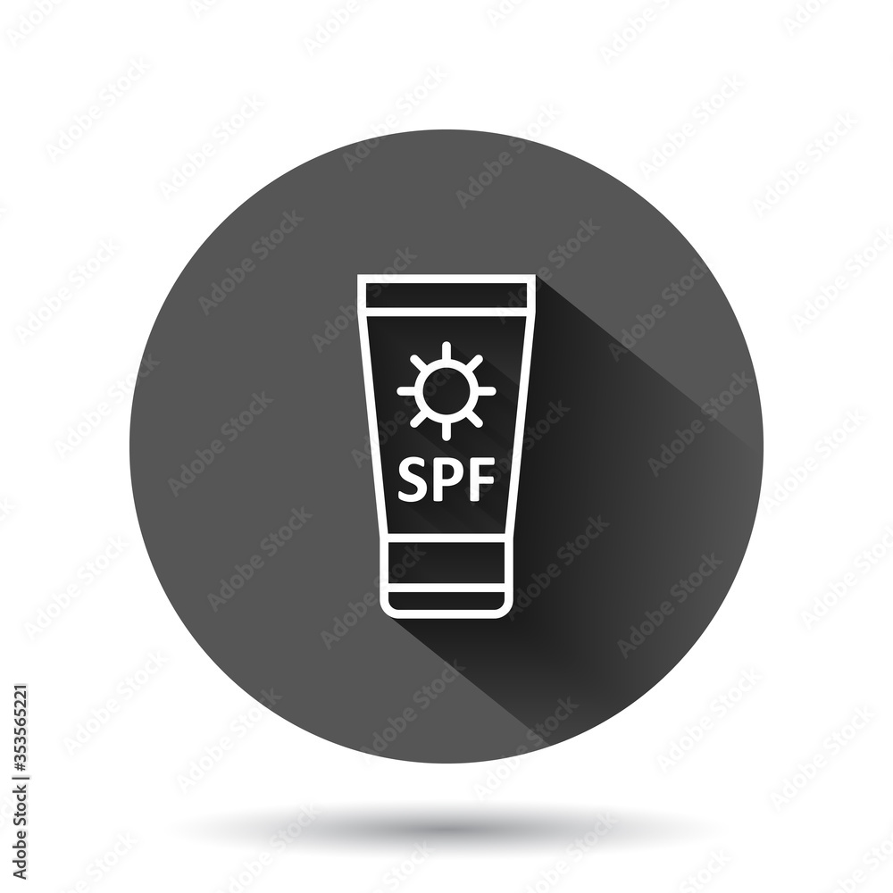 Sun protection icon in flat style. Sunblock cream vector illustration on black round background with long shadow effect. Spf care circle button business concept. Sun protection icon in flat style. Sunblock cream vector illustration on black round background with long shadow effect. Spf care circle button business concept.