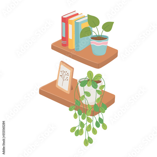 sweet home wooden shelves book frame and plants decoration isolated design