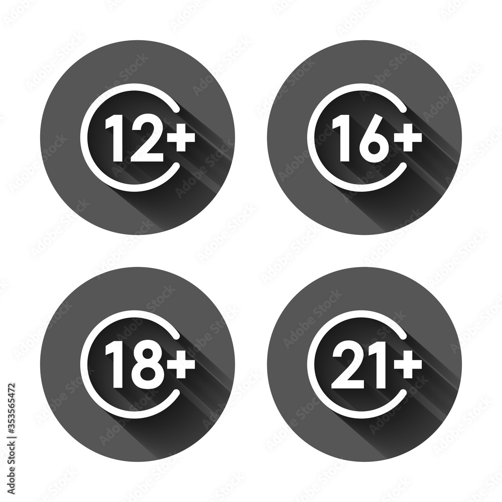 12, 16, 18, 21 plus icon in flat style. Censorship vector illustration on black round background with long shadow effect. Censored circle button business concept.