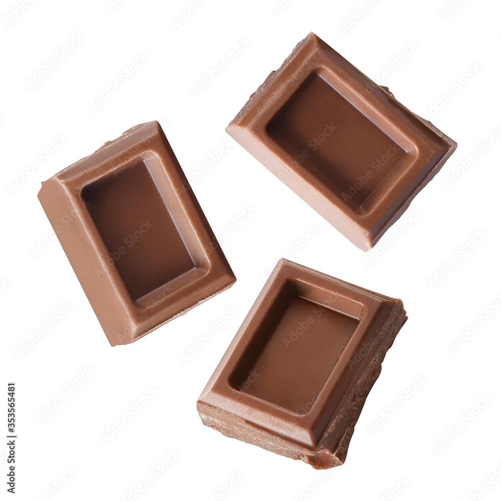 Flying delicious chocolate pieces, isolated on white background Flying delicious chocolate pieces, isolated on white background