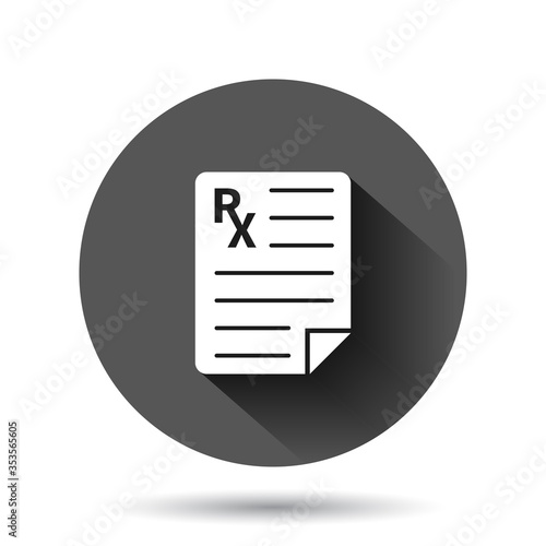 Prescription icon in flat style. Rx document vector illustration on black round background with long shadow effect. Paper circle button business concept.