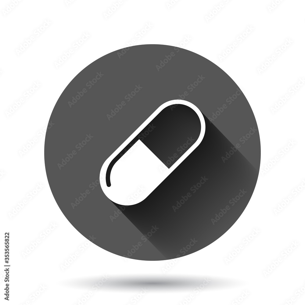 Pill capsule icon in flat style. Drugs vector illustration on black round background with long shadow effect. Pharmacy circle button business concept. Pill capsule icon in flat style. Drugs vector illustration on black round background with long shadow effect. Pharmacy circle button business concept.
