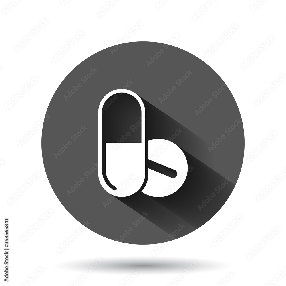 Pill capsule icon in flat style. Drugs vector illustration on black round background with long shadow effect. Pharmacy circle button business concept. Pill capsule icon in flat style. Drugs vector illustration on black round background with long shadow effect. Pharmacy circle button business concept.