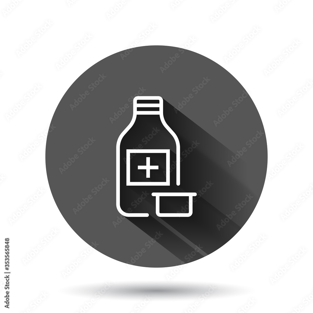 Pill bottle icon in flat style. Drugs vector illustration on black round background with long shadow effect. Pharmacy circle button business concept. Pill bottle icon in flat style. Drugs vector illustration on black round background with long shadow effect. Pharmacy circle button business concept.