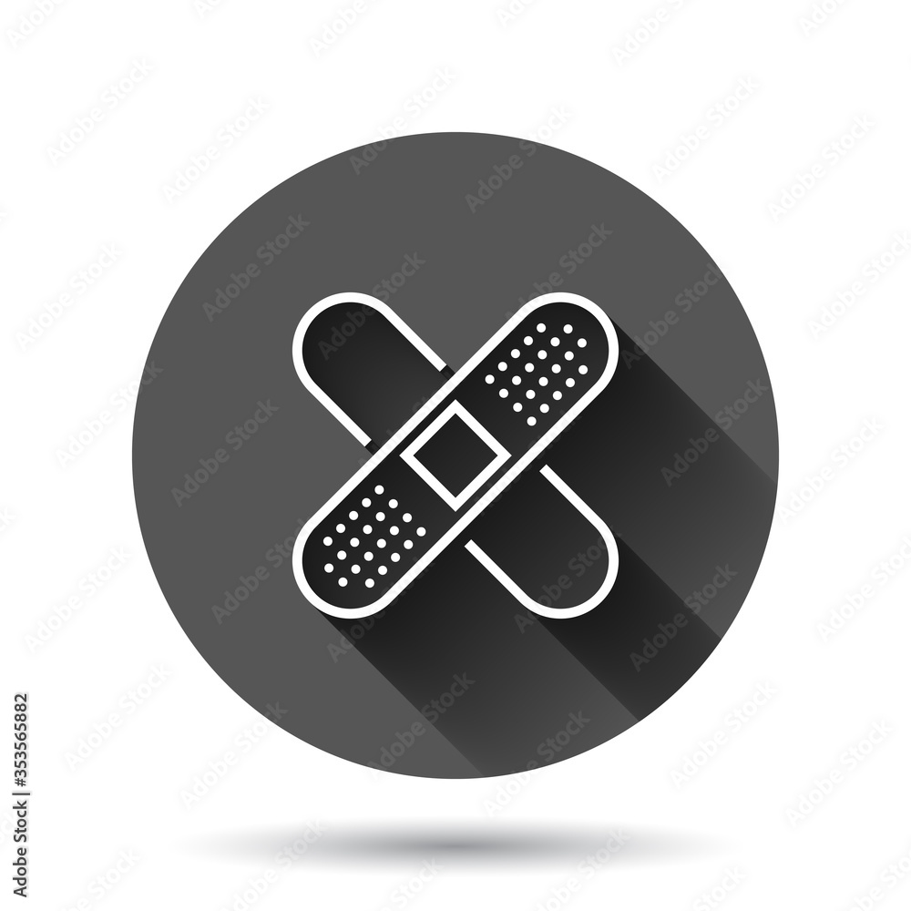 Bandage icon in flat style. Plaster vector illustration on black round background with long shadow effect. First aid kit circle button business concept. Bandage icon in flat style. Plaster vector illustration on black round background with long shadow effect. First aid kit circle button business concept.