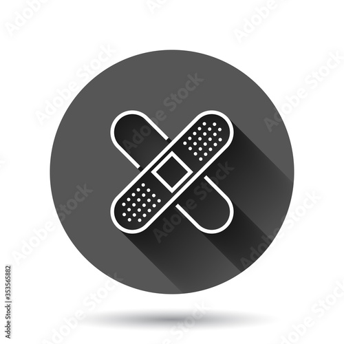 Bandage icon in flat style. Plaster vector illustration on black round background with long shadow effect. First aid kit circle button business concept.