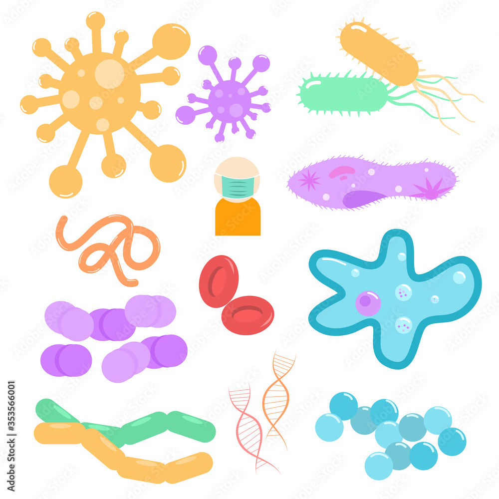 Virus and Bacteria (micro organism) collection set isolated on white background.