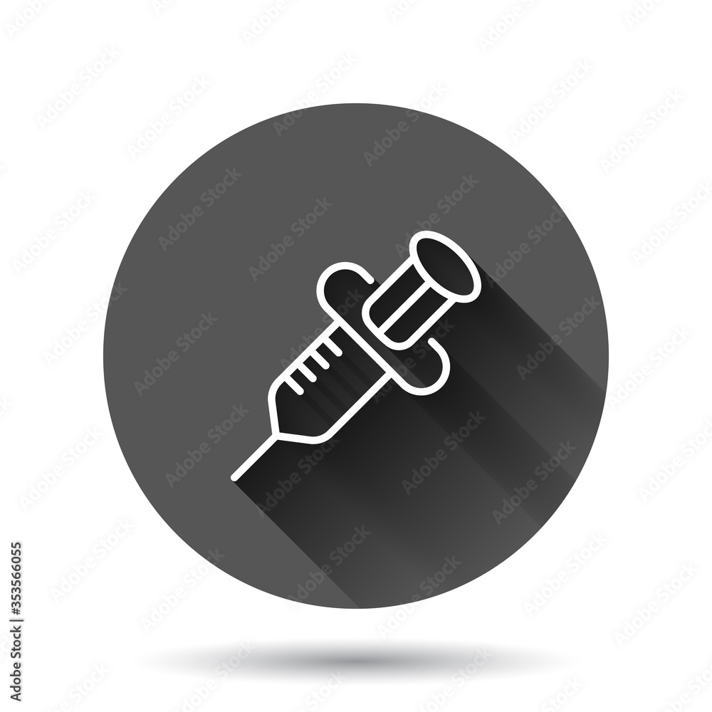 Syringe icon in flat style. Inject needle vector illustration on black round background with long shadow effect. Drug dose circle button business concept. Syringe icon in flat style. Inject needle vector illustration on black round background with long shadow effect. Drug dose circle button business concept.