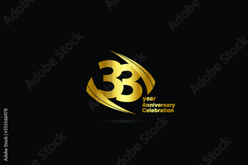 33 year minimalist logo years, jubilee, greeting card. Birthday invitation. Sign Cube Line Gold space vector illustration on black background - Vector