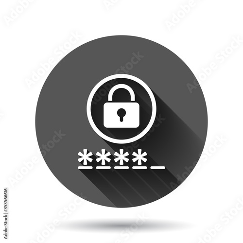 Login icon in flat style. Password access vector illustration on black round background with long shadow effect. Padlock entry circle button business concept.