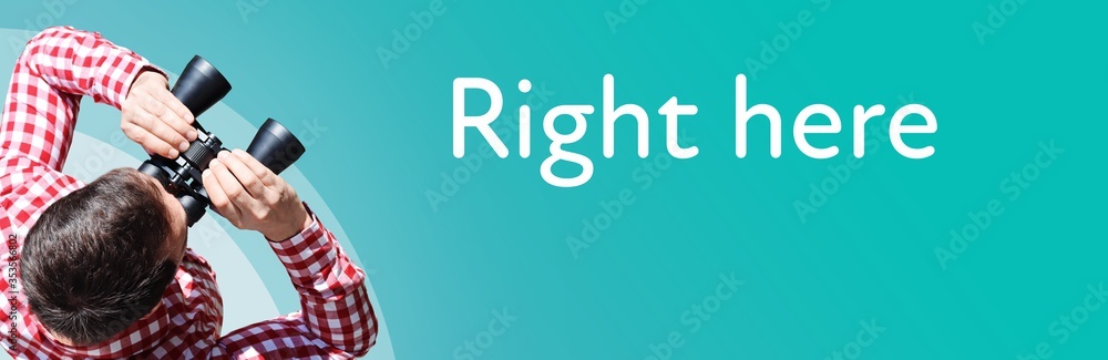 Naklejka premium Right here. Businessman (man) looks through binoculars. Birds eye view. Focus on text. Blue Background. Business, Finance, Statistics, Analysis, Economy