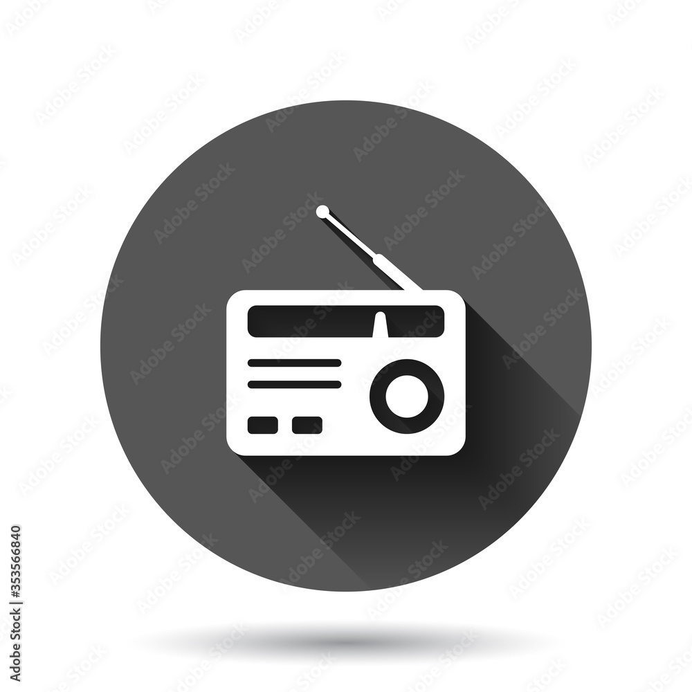 Radio icon in flat style. Fm broadcast vector illustration on black round background with long shadow effect. Radiocast circle button business concept. Radio icon in flat style. Fm broadcast vector illustration on black round background with long shadow effect. Radiocast circle button business concept.