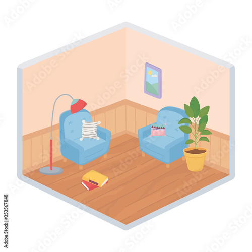 sweet home armchairs cushions books plant and lamp decoration isometric isolated design