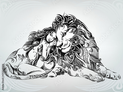 Girl and lion in ornament