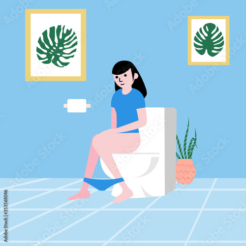 Woman sitting on toilet bowl. vector Illustration.