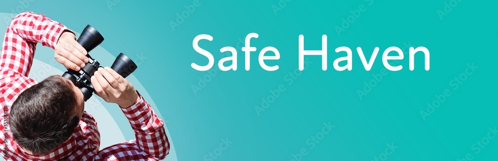 Naklejka premium Safe Haven. Businessman (man) looks through binoculars. Birds eye view. Focus on text. Blue Background. Business, Finance, Statistics, Analysis, Economy