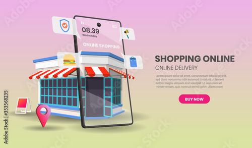 Shopping Online on Website or Mobile Application Vector with shop retail Concept Marketing,3d vector illustration.