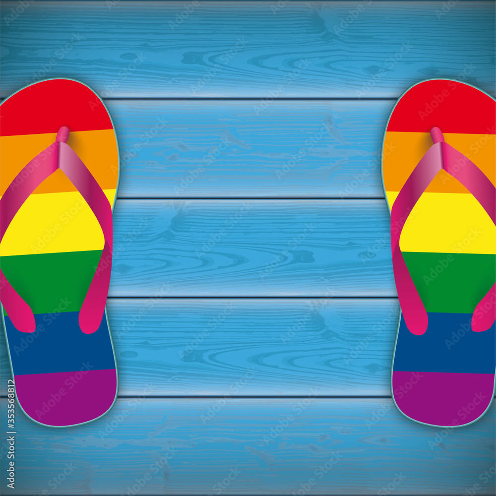 Rainbow Flip-Flops Wooden Background 2 - obrazy, fototapety, plakaty 