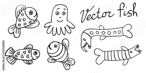 Happy fish vector set for coloring, sea animals hand drawn in a childish manner, cute characters