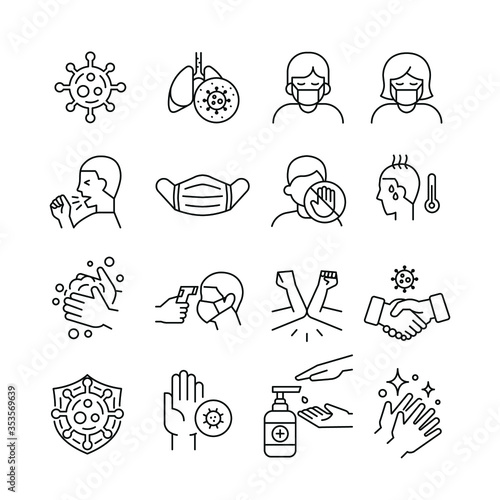 Coronavirus symptoms & precautions sign. mask, fever body check gun thermometer, elbow shake, hand sanitizer. Virus related icons-thin,black and white kit.Vector illustration on white background.EPS10