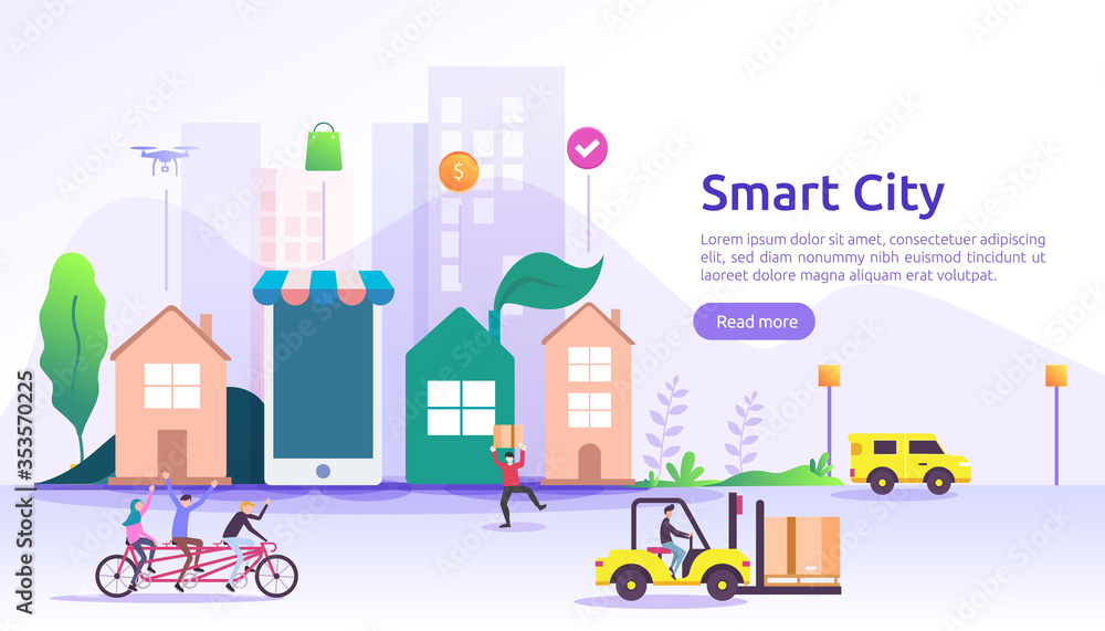 Smart city services concept with internet of things networks and augmented reality. Urban landscape with buildings, skyscrapers, transport traffic. flat style vector illustration for web landing page