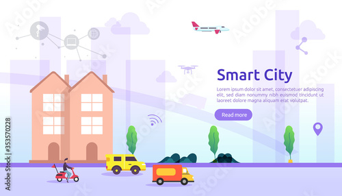 Smart city services concept with internet of things networks and augmented reality. Urban landscape with buildings, skyscrapers, transport traffic. flat style vector illustration for web landing page
