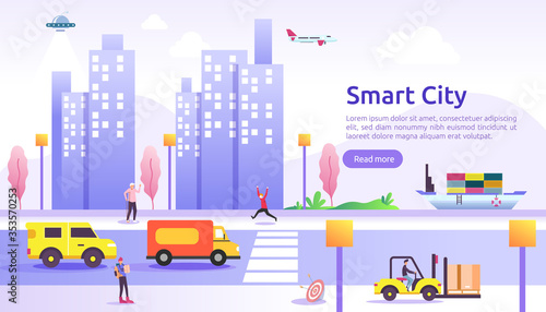 Smart city services concept with internet of things networks and augmented reality. Urban landscape with buildings, skyscrapers, transport traffic. flat style vector illustration for web landing page