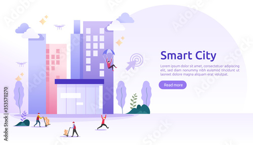 Smart city services concept with internet of things networks and augmented reality. Urban landscape with buildings, skyscrapers, transport traffic. flat style vector illustration for web landing page