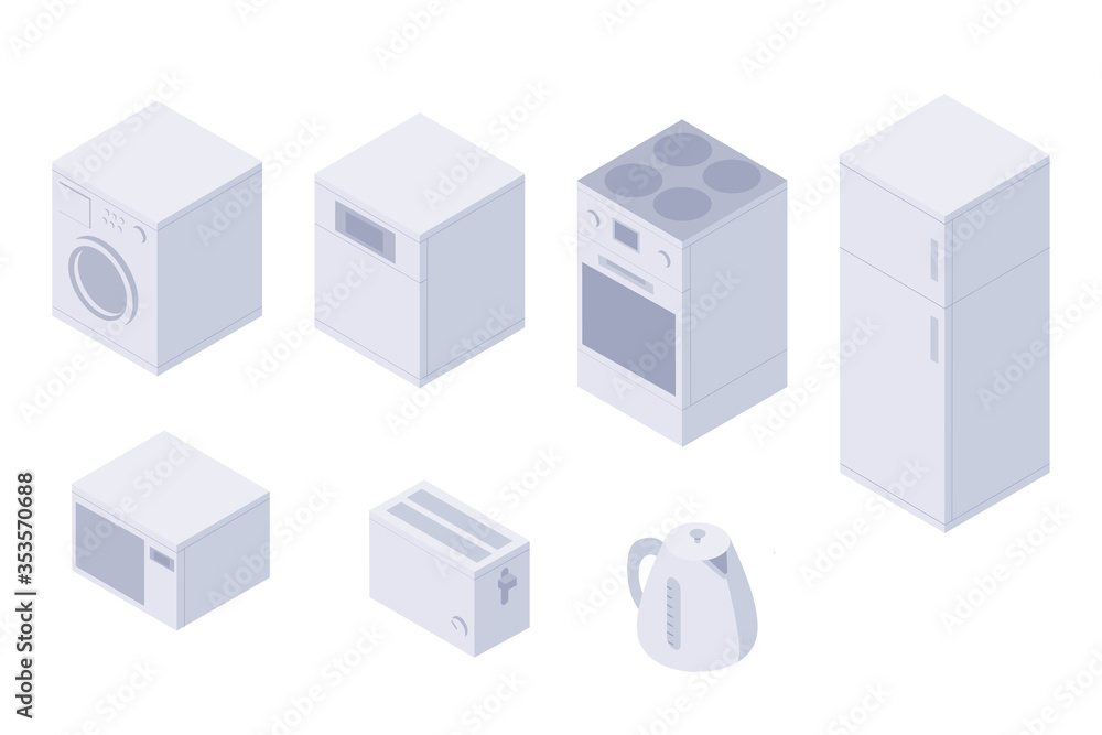 Set of isometric kitchen home utilities. A washing machine, dishwasher, oven, stove, fridge, microwave, toster, kettle. 