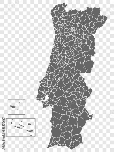 Blank map of Portugal. Departments of Portugal map. High detailed gray vector map of Portugal on transparent background with Madeira and Azores. Stock vector. EPS10.