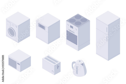 Set of isometric kitchen home utilities. A washing machine, dishwasher, oven, stove, fridge, microwave, toster, kettle. 