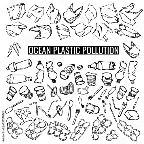 vector hand-drawn linear set on the theme of "ocean plastic pollution". the set consists of linear drawings of oceanic plastic trash: plastic bags, bottles, cups, tubes, spoons, forks, ear sticks