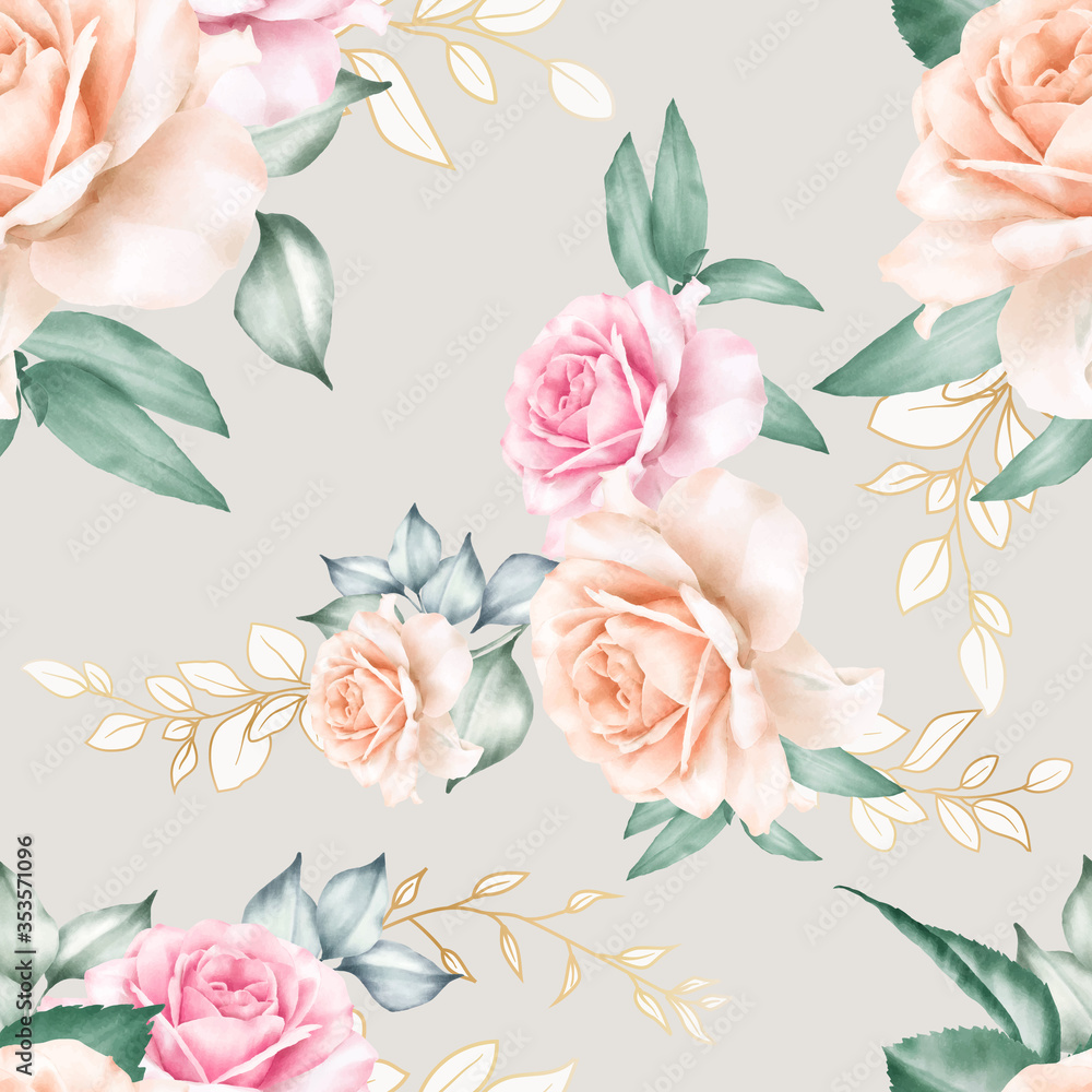 Beautiful seamless pattern with watercolor floral and leaves