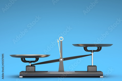 Unbalanced empty kettlebell scales on a blue background.