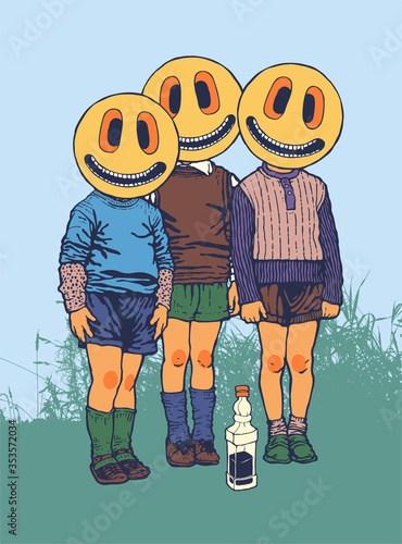 Three friends and a bottle of whiskey. Characters with emoticons instead of faces. Vector illustration.