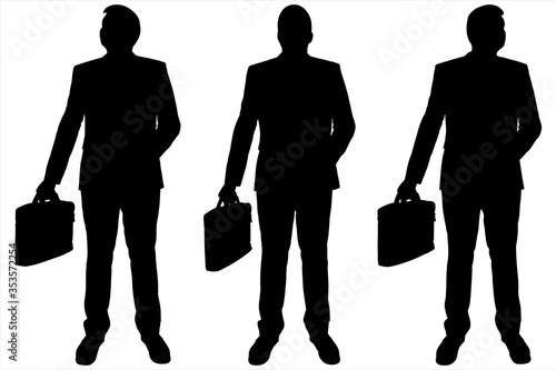 Businessman with a briefcase, a suitcase, a diplomat in his hands. Man in a business suit stands still and looks around. Office worker. Three black male silhouettes isolated on a white background.